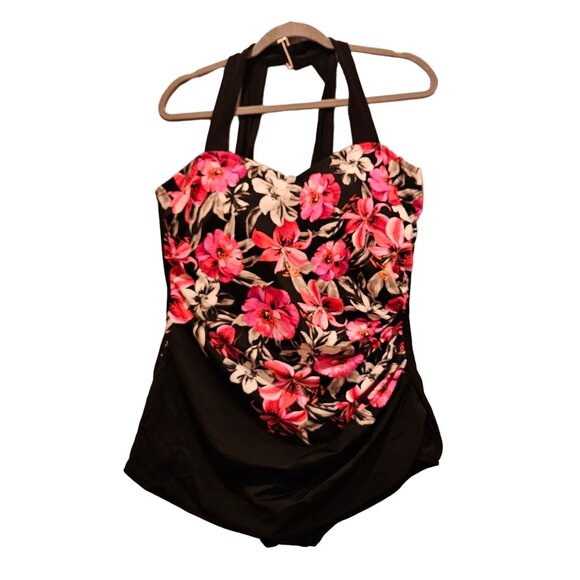 Croft & Barrow One Piece Swimsuit Womens 16 Floral Skirted gather Bright Pool - Picture 1 of 16